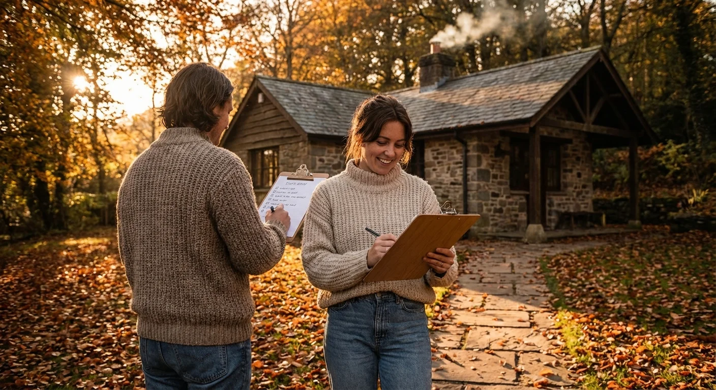 A homeowner standing outside a cozy house in autumn holding a maintenance checklist.