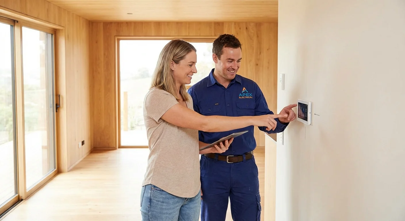 A homeowner talking to a professional about sauna electrical installation.