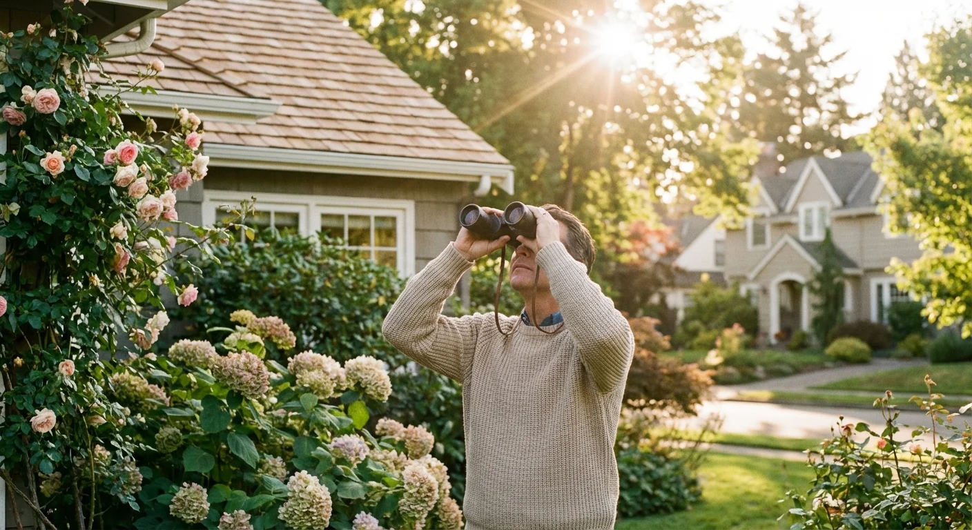 A homeowner using binoculars to inspect their roof from the garden during a sunny afternoon.