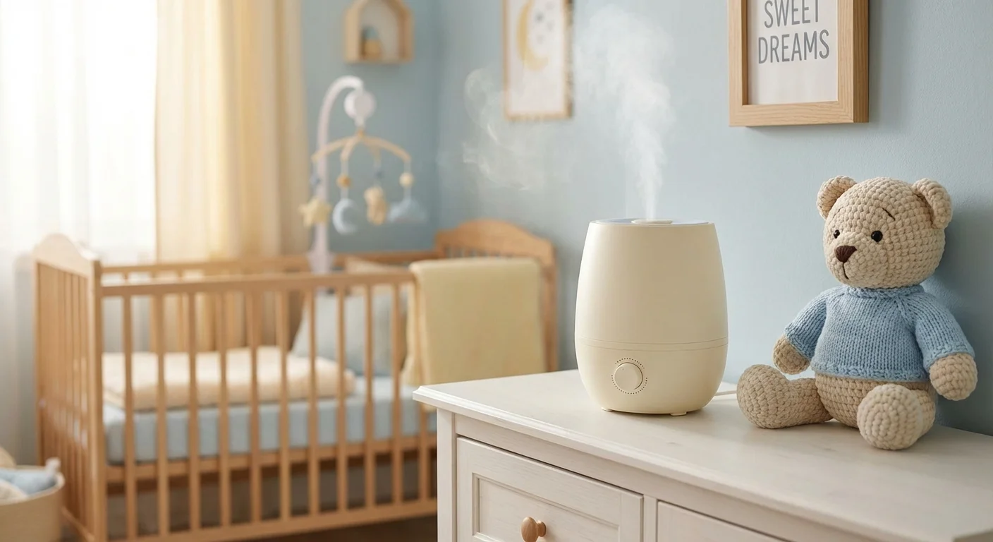 A humidifier on a dresser in a soft-toned nursery next to a plush toy.
