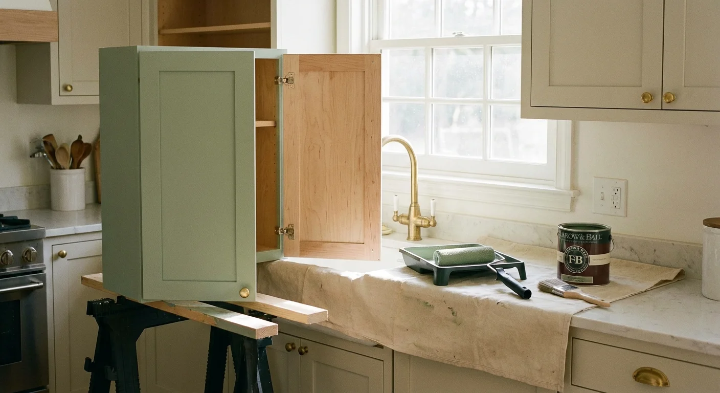 A kitchen cabinet door being painted in a soft sage green color with a small foam roller.