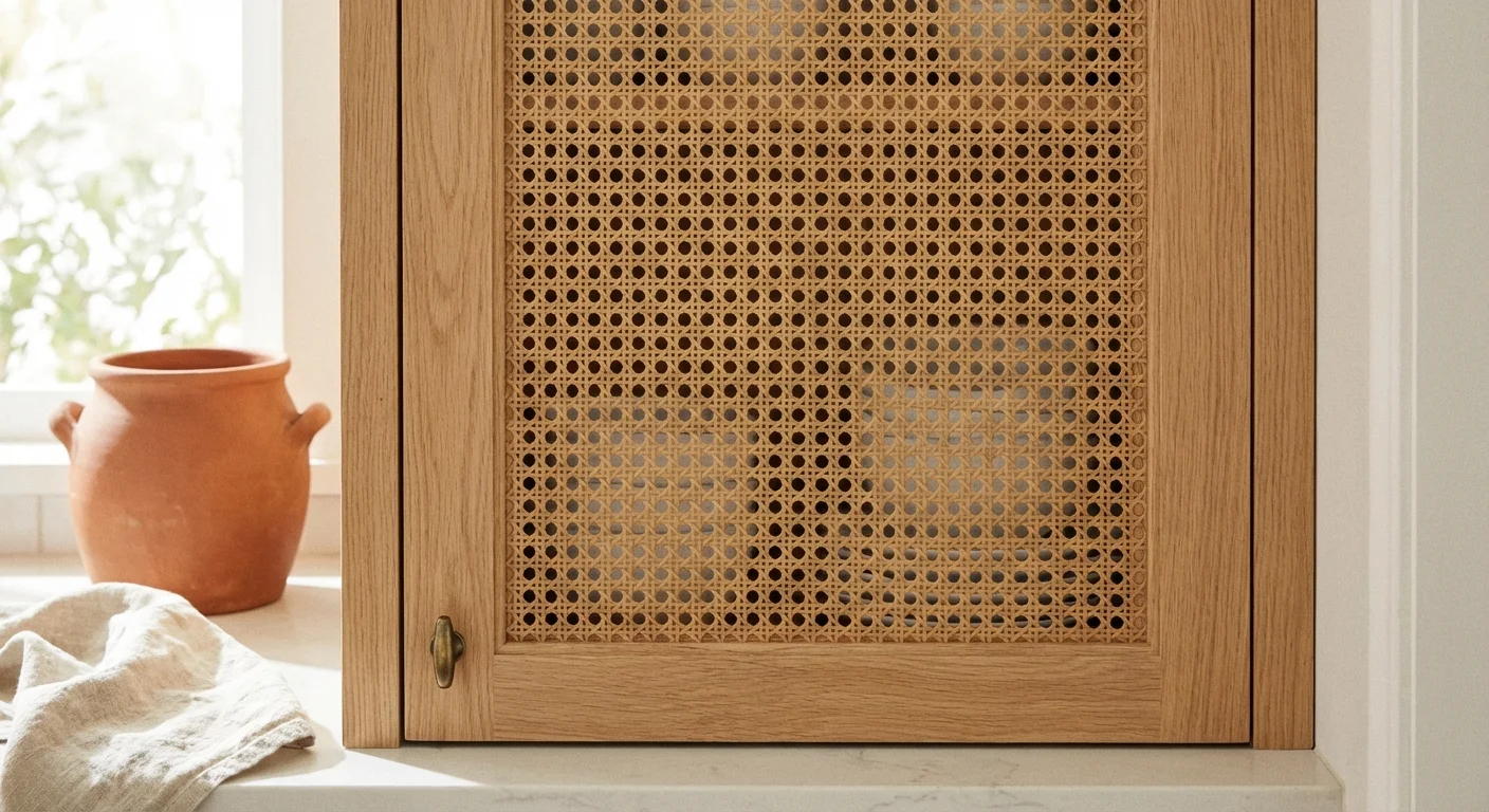 A kitchen cabinet door with a trendy cane webbing insert in a light wood frame.