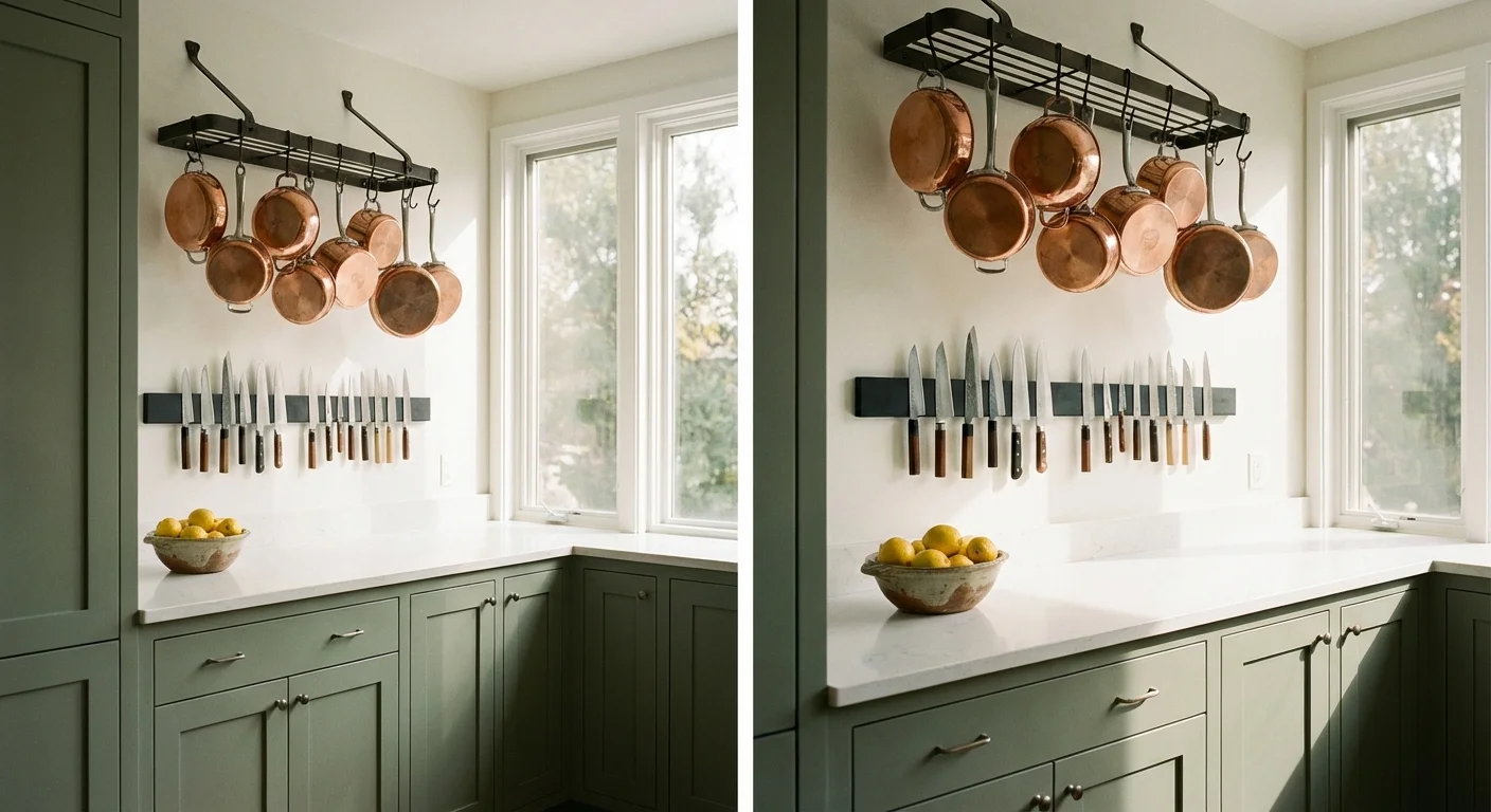 A kitchen wall with a magnetic knife strip and hanging pots, showing clear and organized countertops.