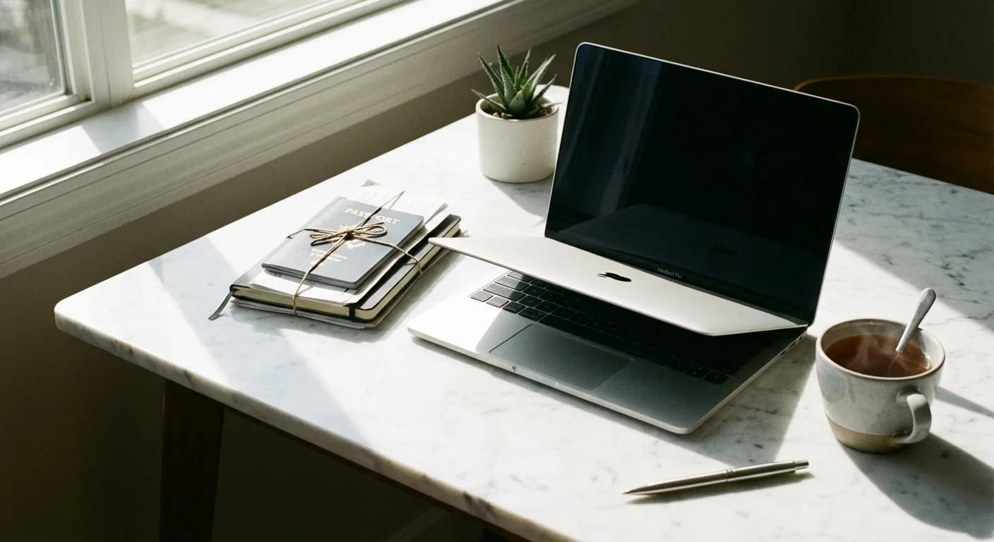A laptop and a small stack of papers on a marble table, representing digital and physical storage.
