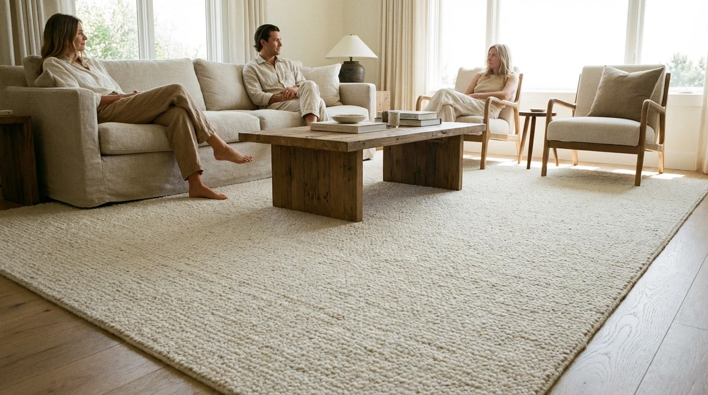 A large area rug anchoring a living room set, making the floor space appear larger.