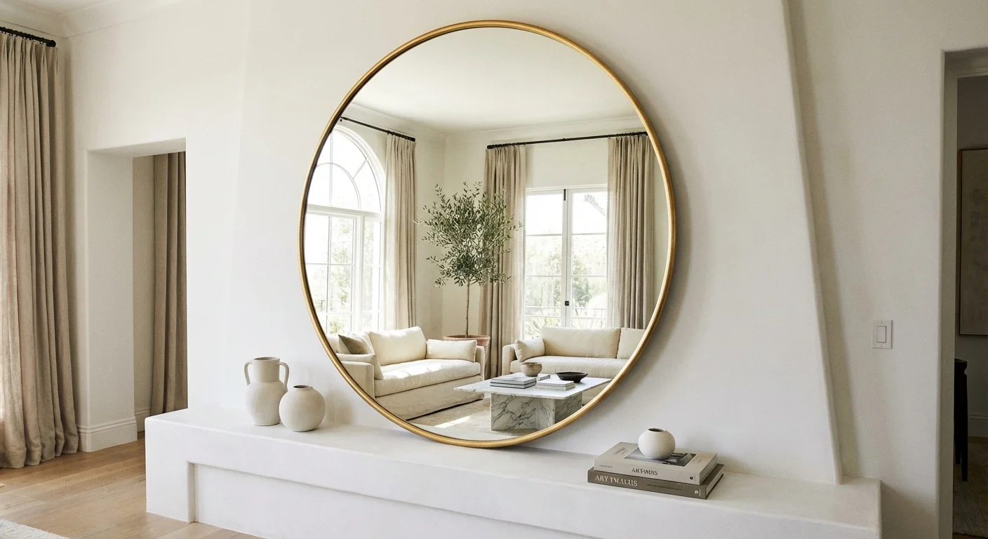 A large gold mirror leaning on a white mantel reflecting a bright room.
