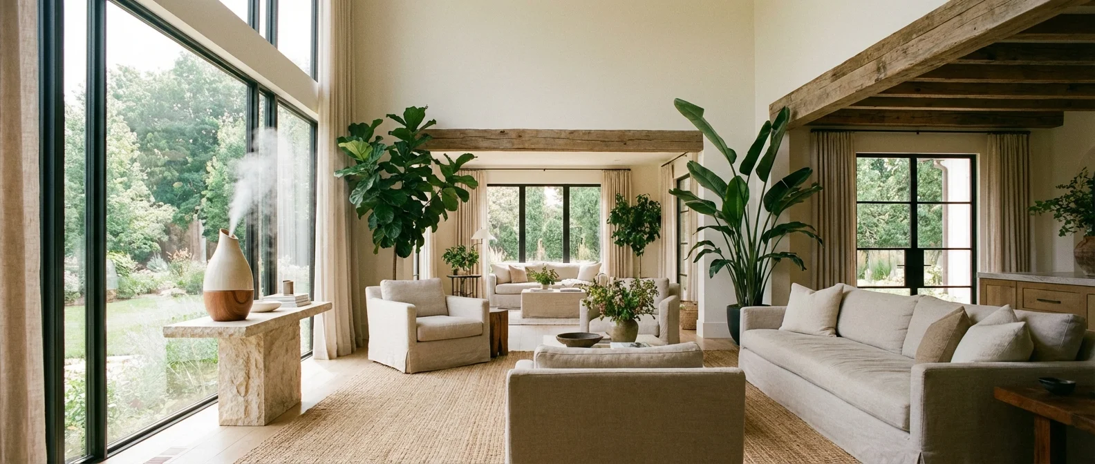 A large, modern humidifier in a spacious open-concept living room with high ceilings and plants.