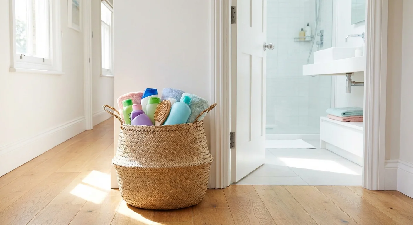 A laundry basket filled with bathroom items sitting in a hallway, showing a cleared-out bathroom space.