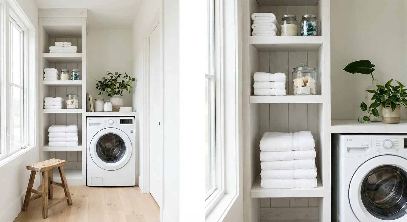 A laundry room with a tall storage tower next to the washer, holding organized supplies in glass jars.