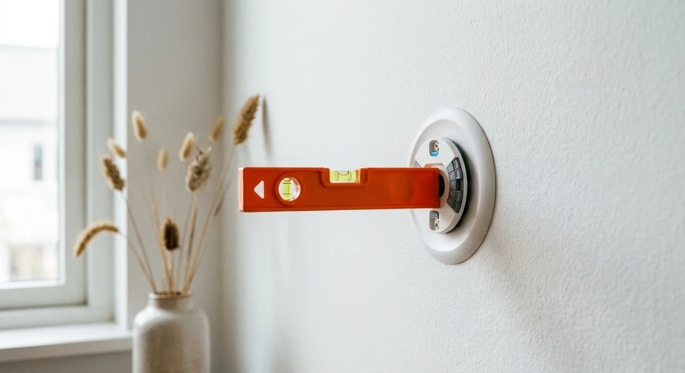 A level being used to align a new thermostat baseplate on a wall.