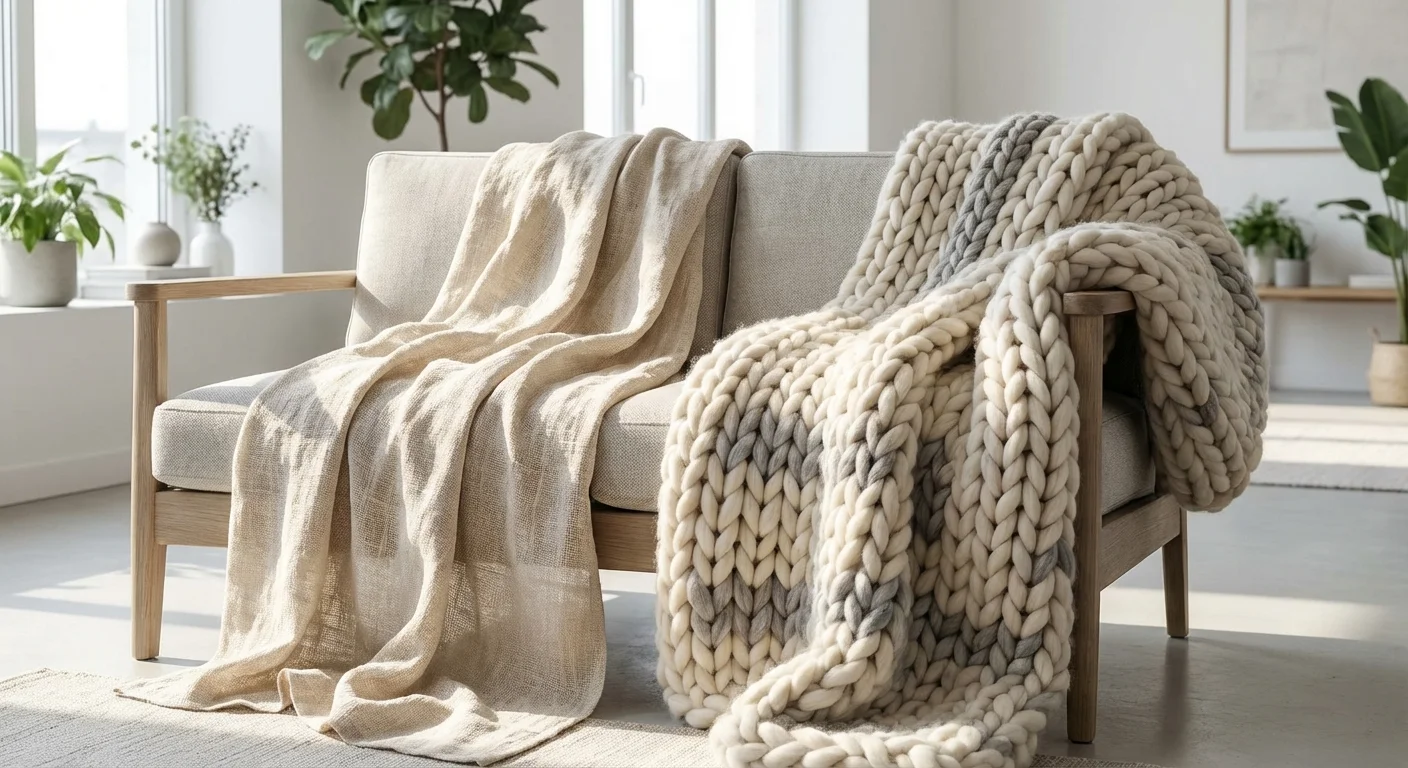 A linen throw and a wool throw draped over a chair for comparison.