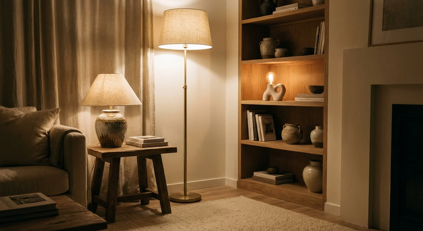 A living room corner featuring a floor lamp, table lamp, and shelf light working together.