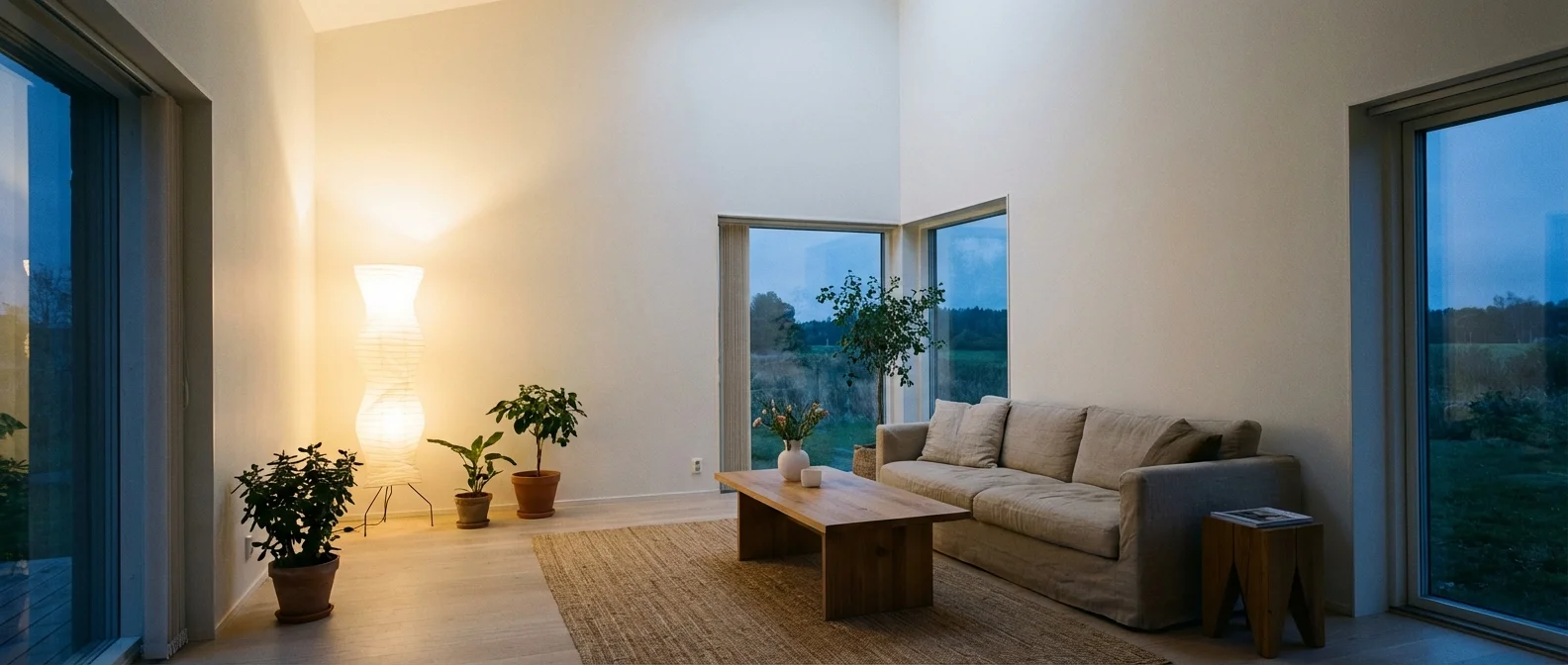 A living room filled with soft, indirect ambient light that creates a gentle, uniform glow.