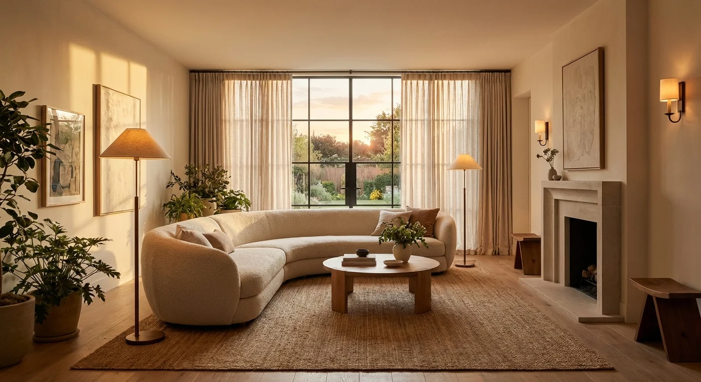 A living room layout with the sofa positioned away from the window to improve heat circulation.