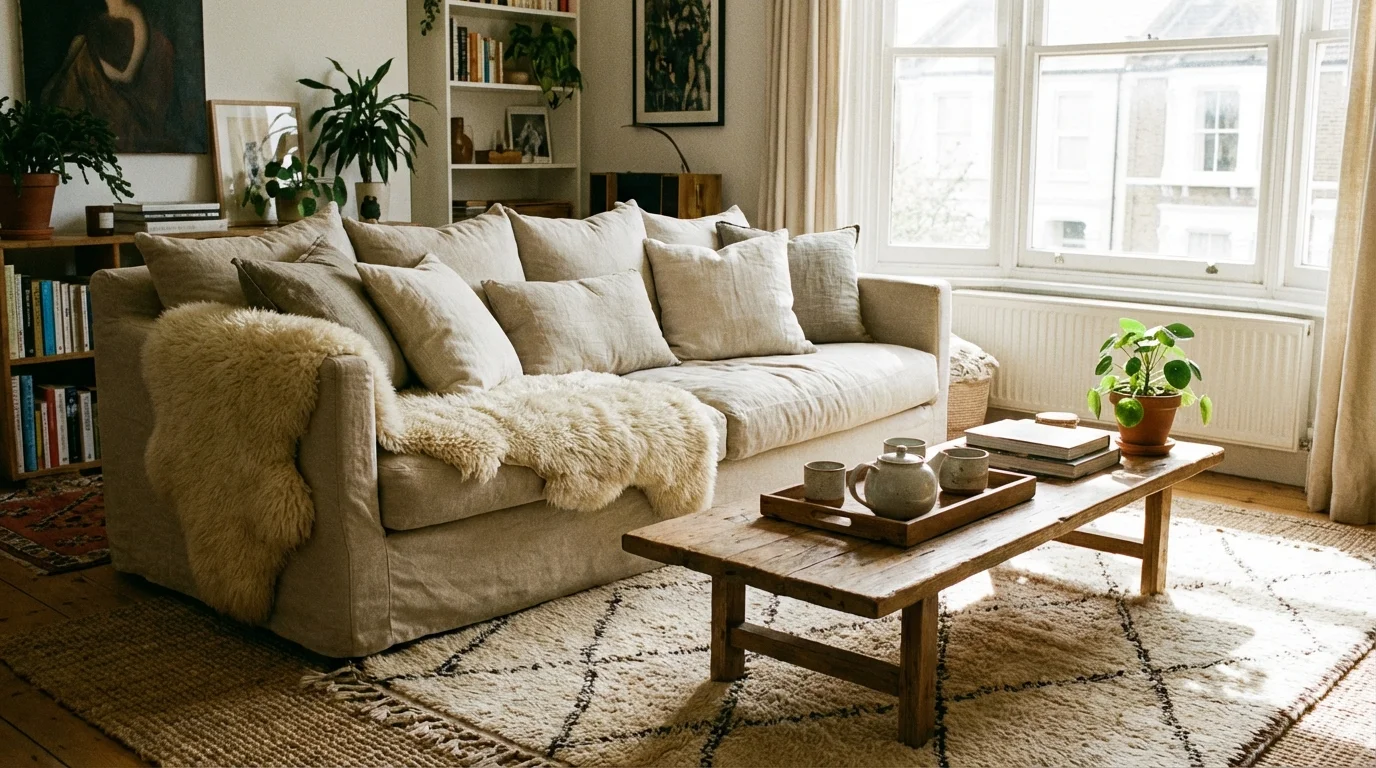 A living room with a plush sofa, sheepskin throws, and layered rugs in neutral tones.