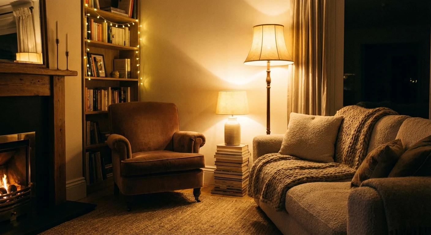 A living room with multiple small lamps instead of a single bright overhead light.