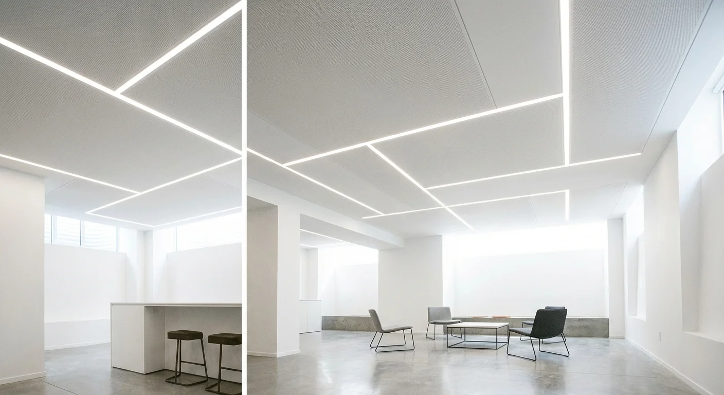 A low-angle shot of a clean, white-painted basement ceiling with modern recessed lighting.