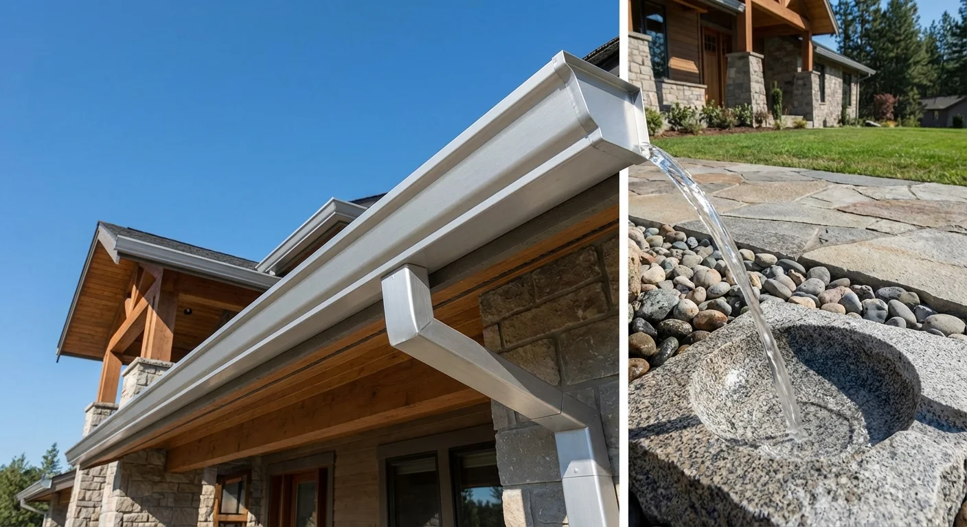 A low angle view of a clean gutter system and downspout against a blue sky.