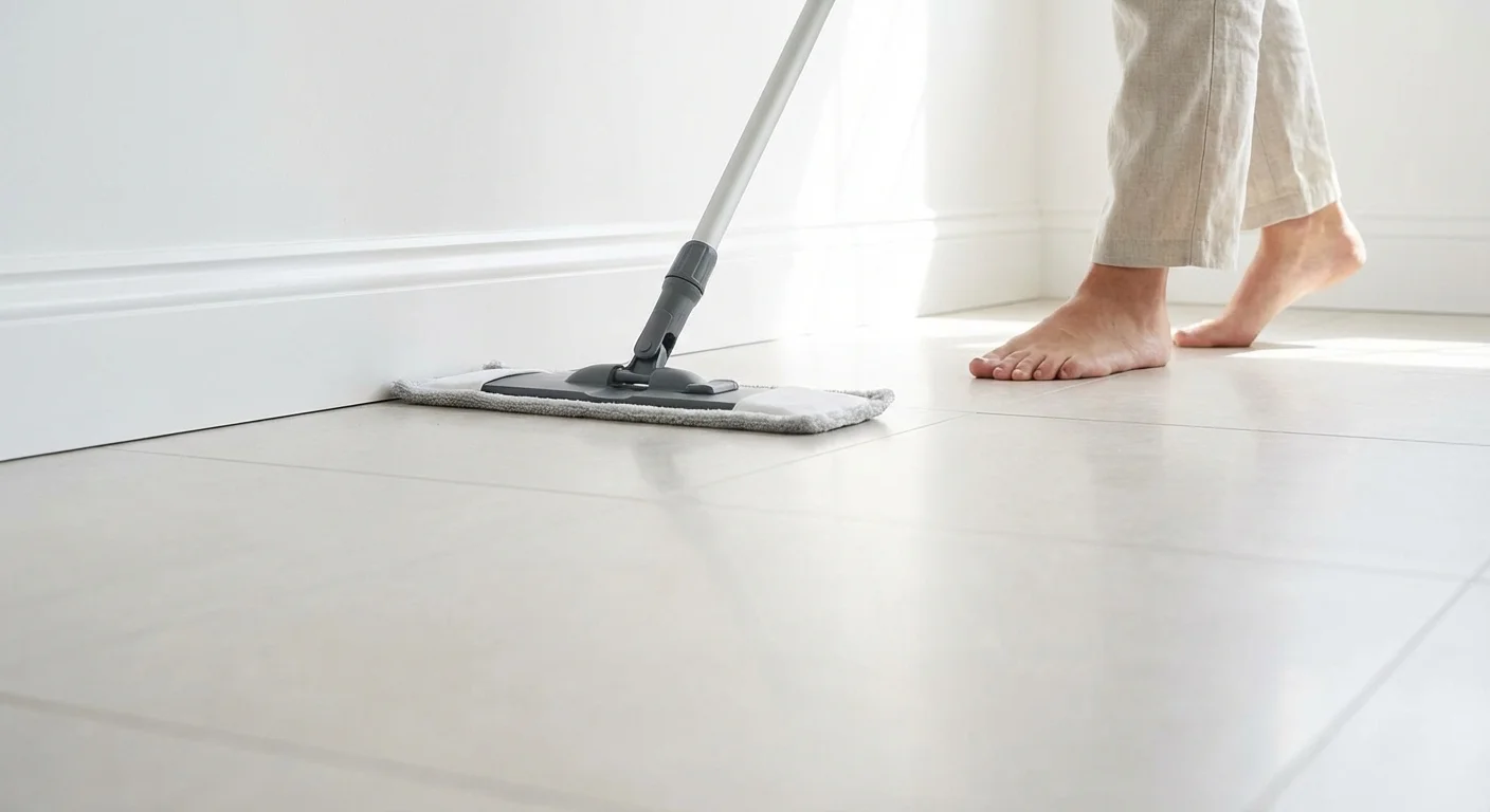 A low-angle view of a freshly mopped bathroom floor and clean white baseboards.