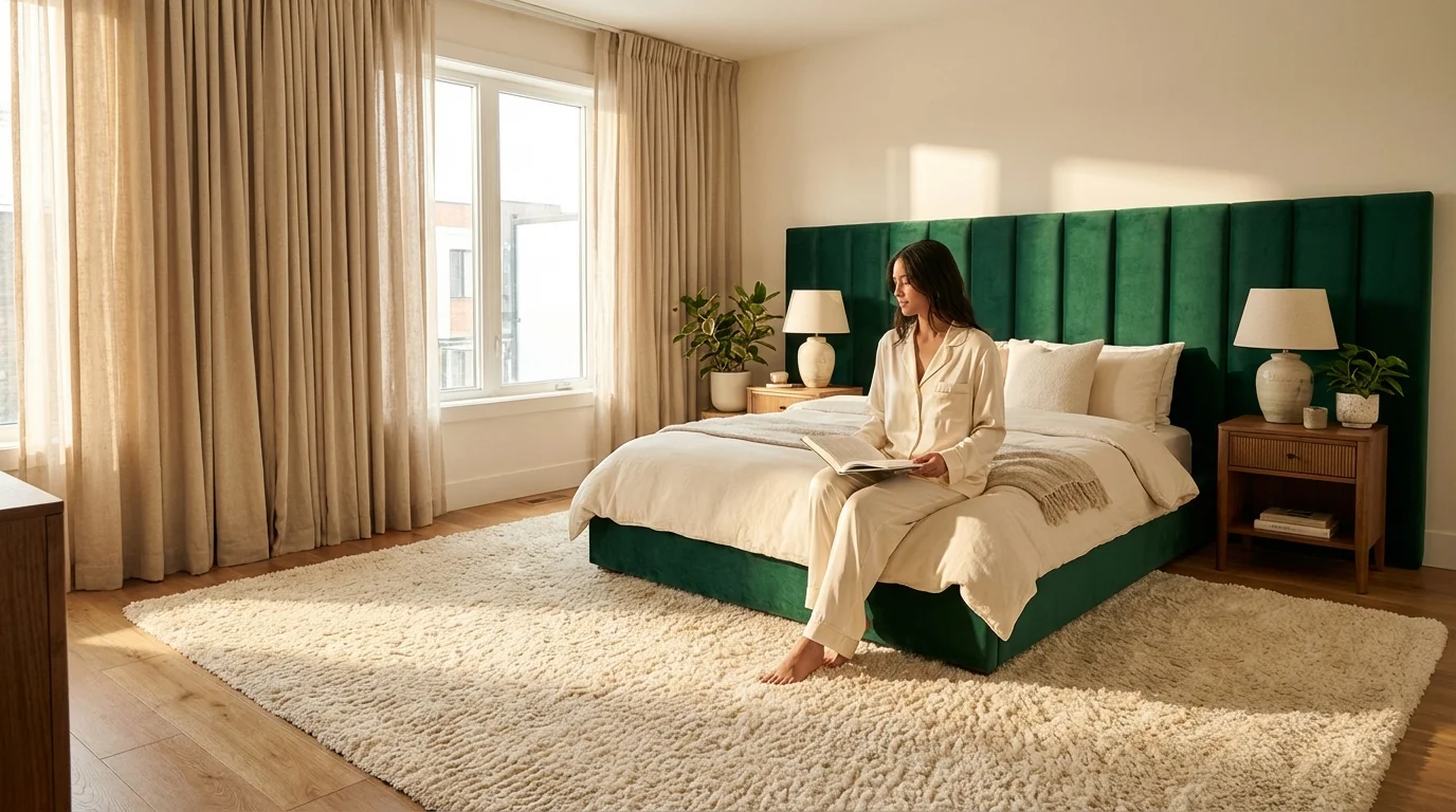 A luxurious small bedroom with a tall velvet headboard, floor-to-ceiling curtains, and soft natural lighting.