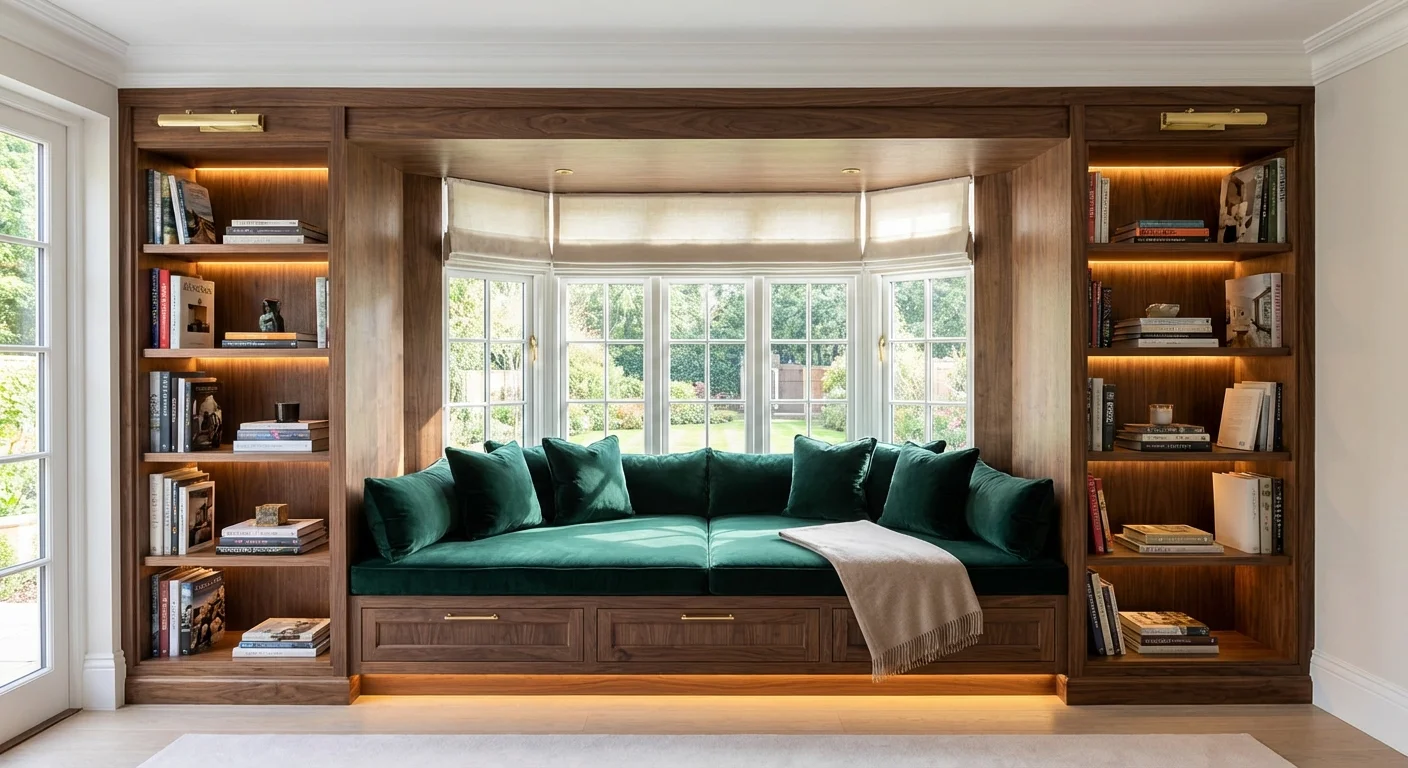 A luxury custom built-in window seat with integrated bookshelves.