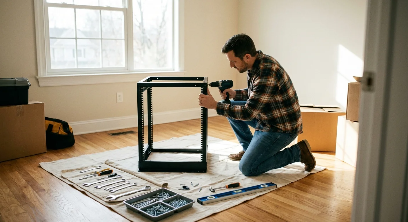 A man assembling a gym storage rack in a bright room.