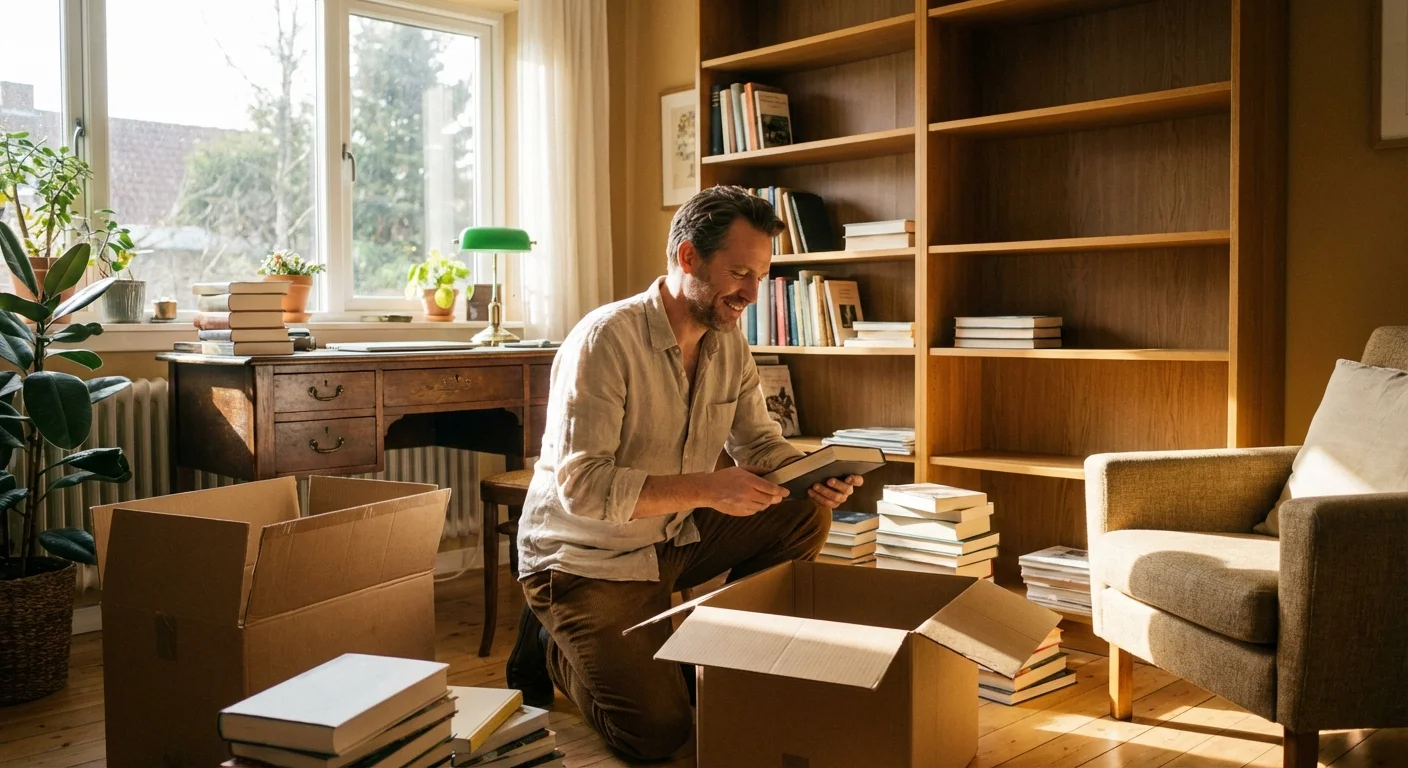 A man organizing books and items in a sunlit home office during a move.