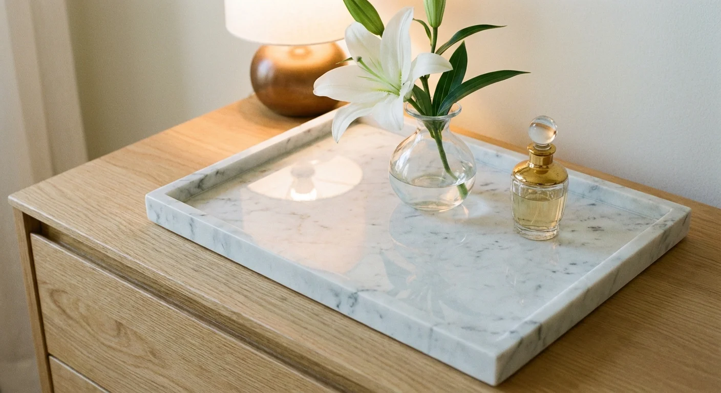 A marble tray with a flower and gold accents on a clean bedroom dresser.