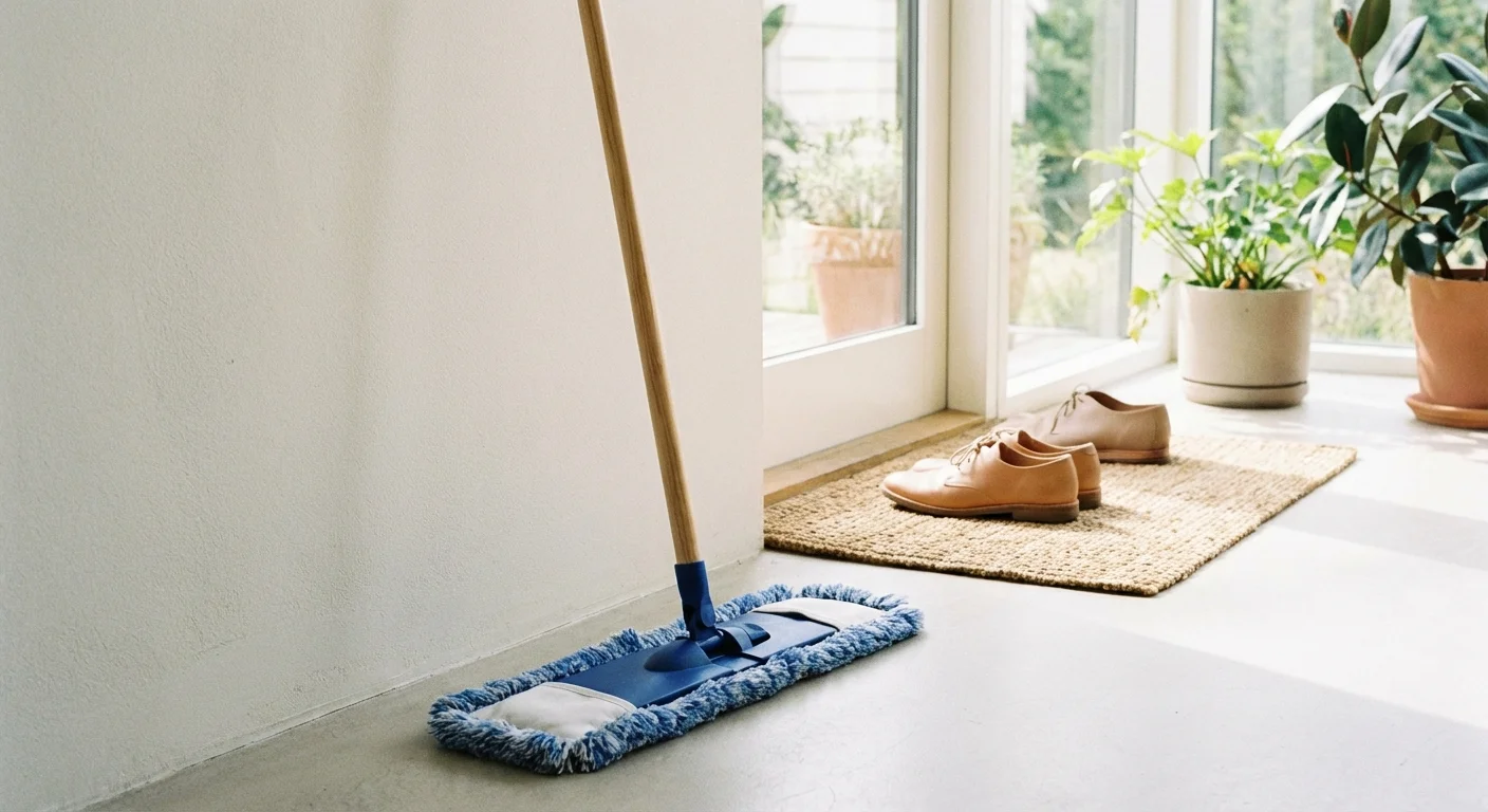 A microfiber dust mop and a doormat in a bright entryway, emphasizing dry cleaning prep.