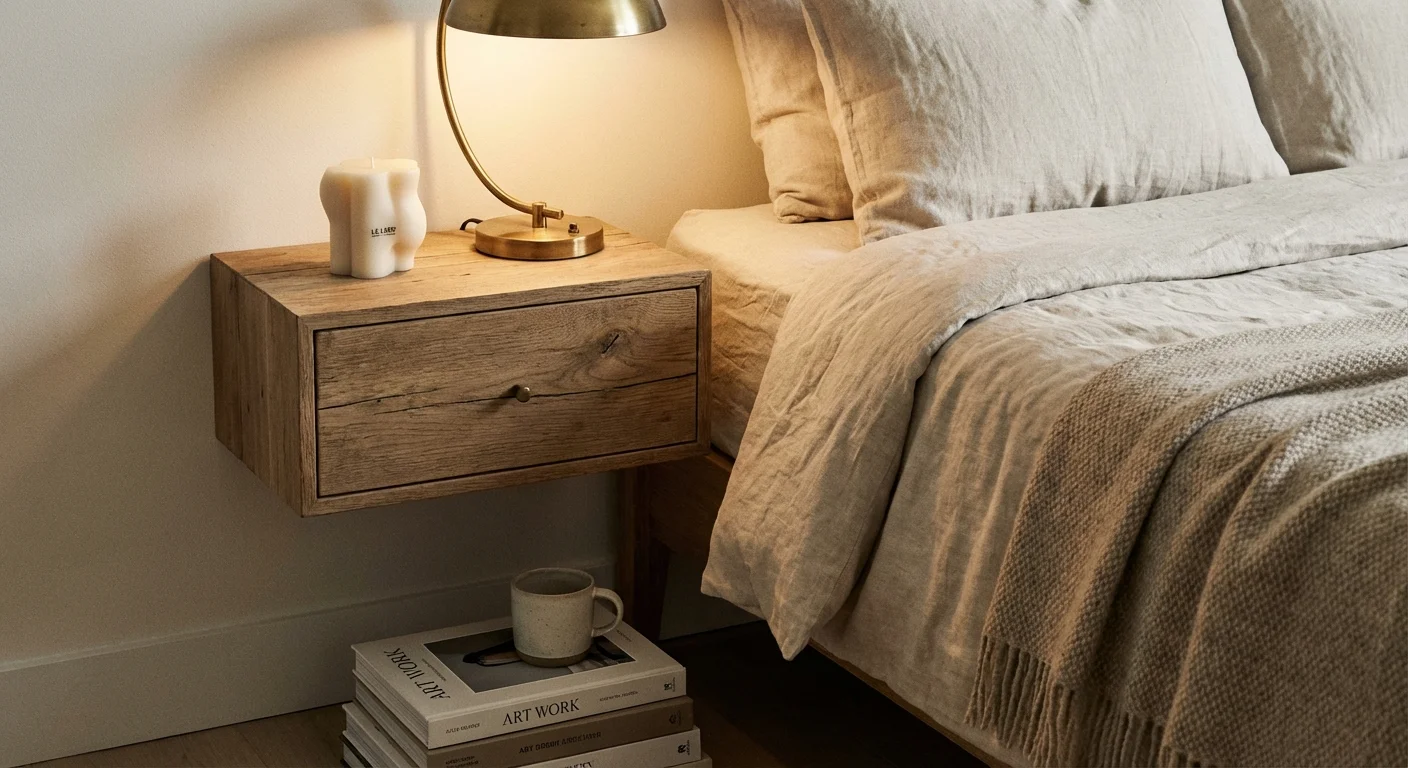 A minimalist and luxurious bedside setup with a floating nightstand and a brass lamp.