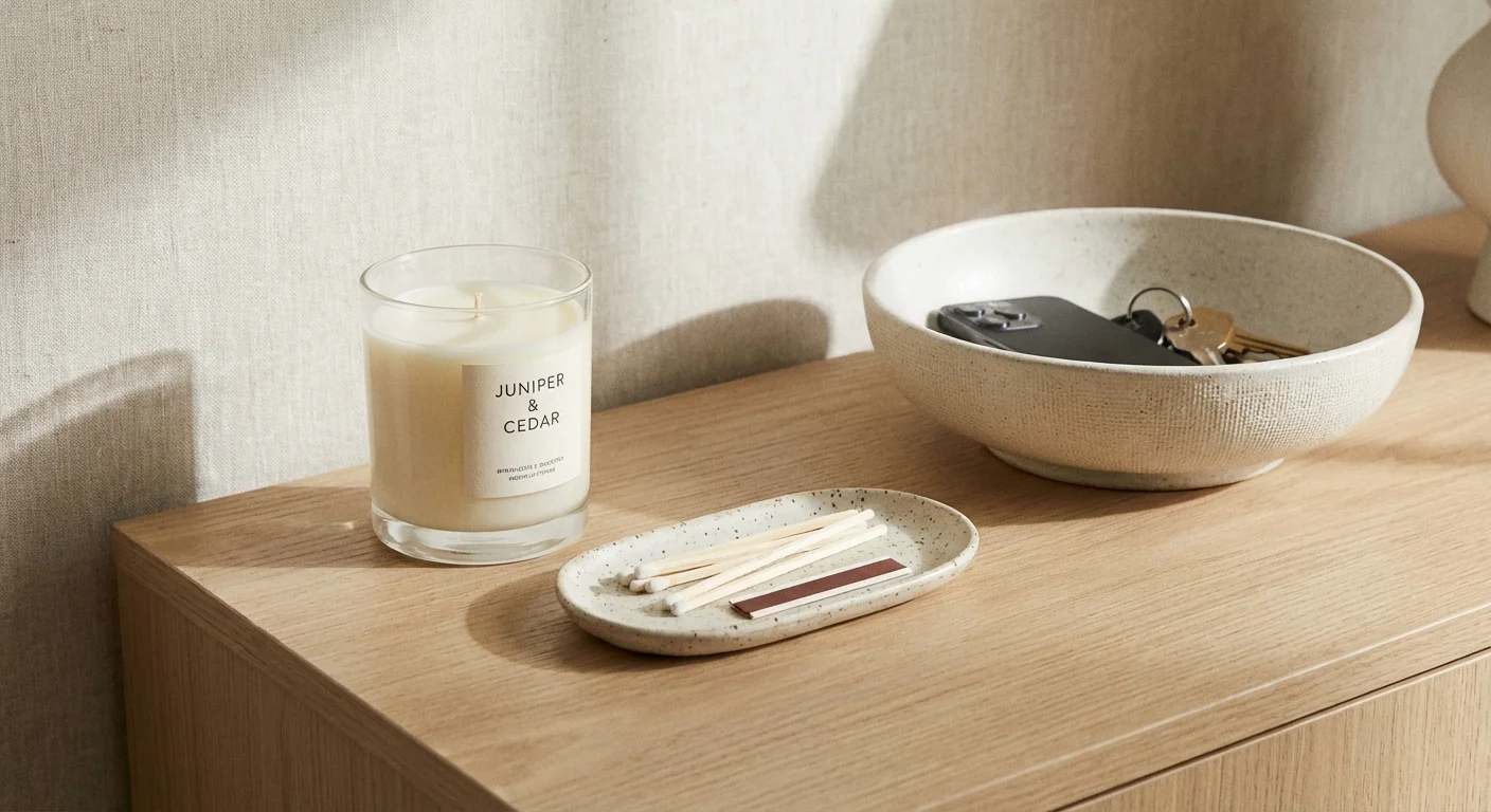 A minimalist candle and match tray on a clean entryway console table.