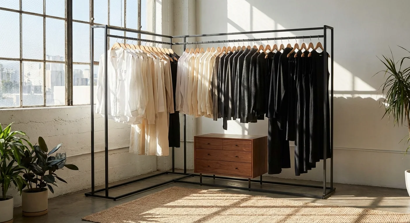 A minimalist open clothing rack with color-coordinated clothes on wooden hangers.