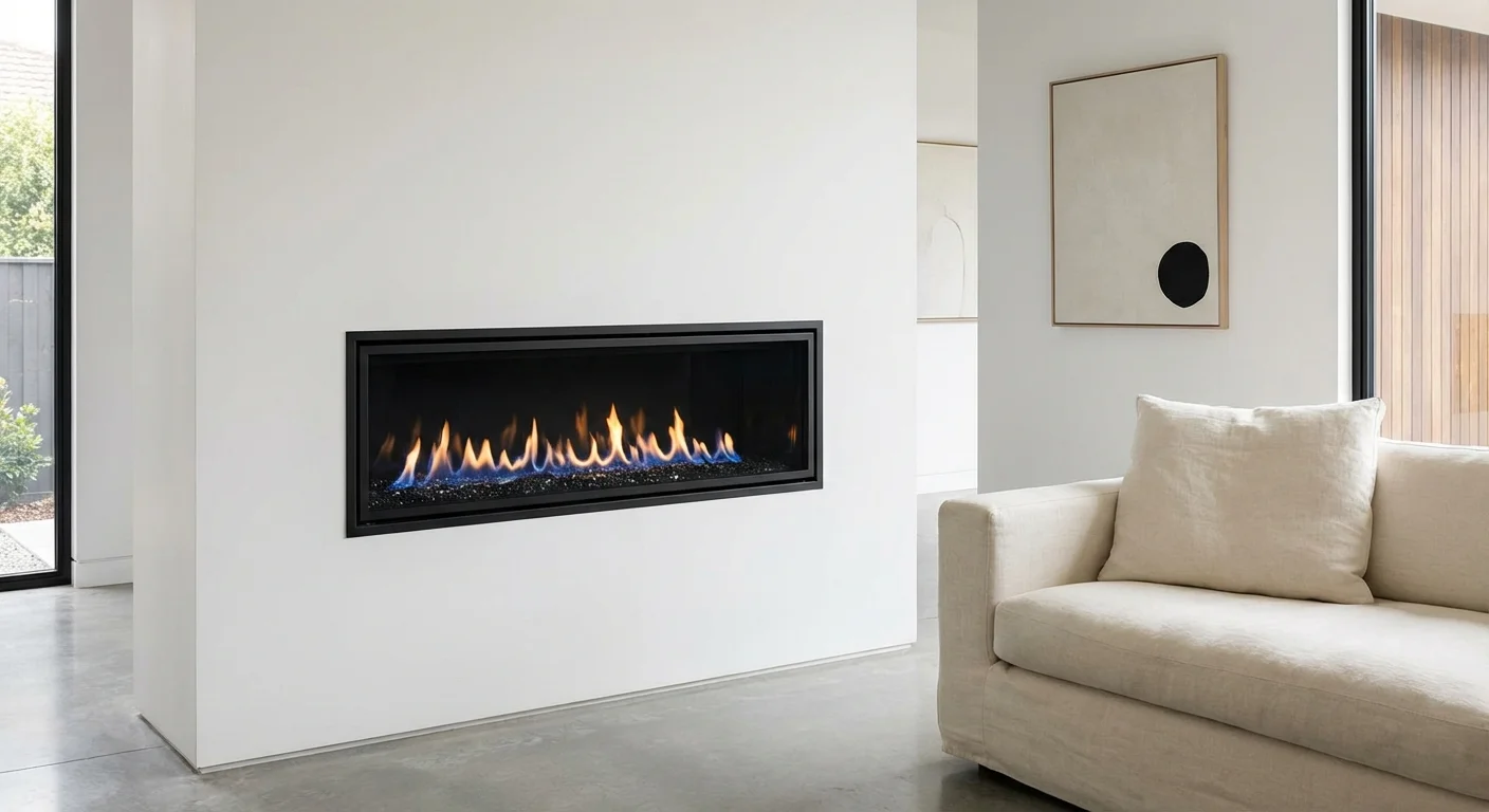 A modern black gas fireplace insert with clean flames in a white wall.