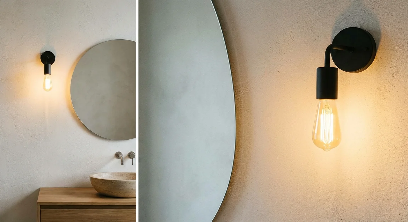 A modern black wall lamp glowing warmly in a bathroom setting.