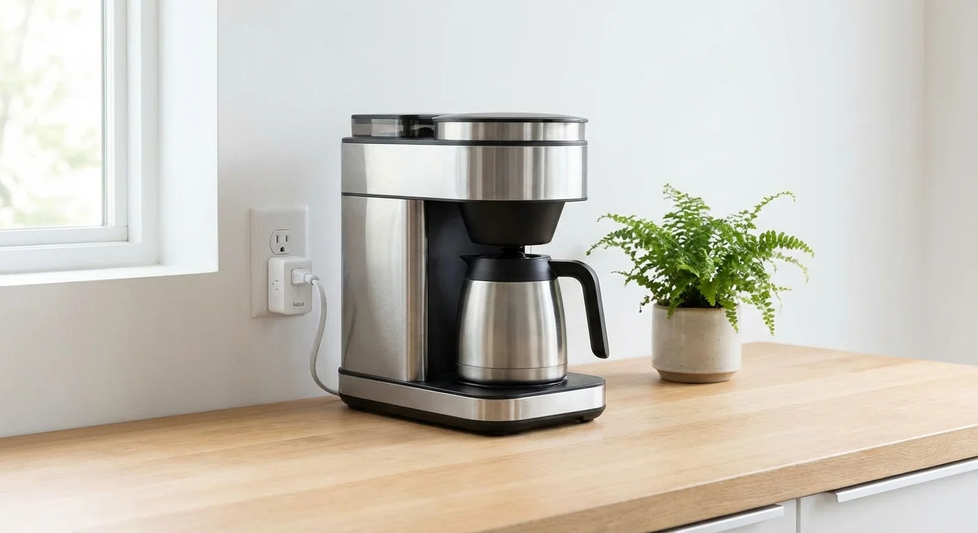 A modern coffee maker plugged into a smart plug on a clean, organized kitchen counter.