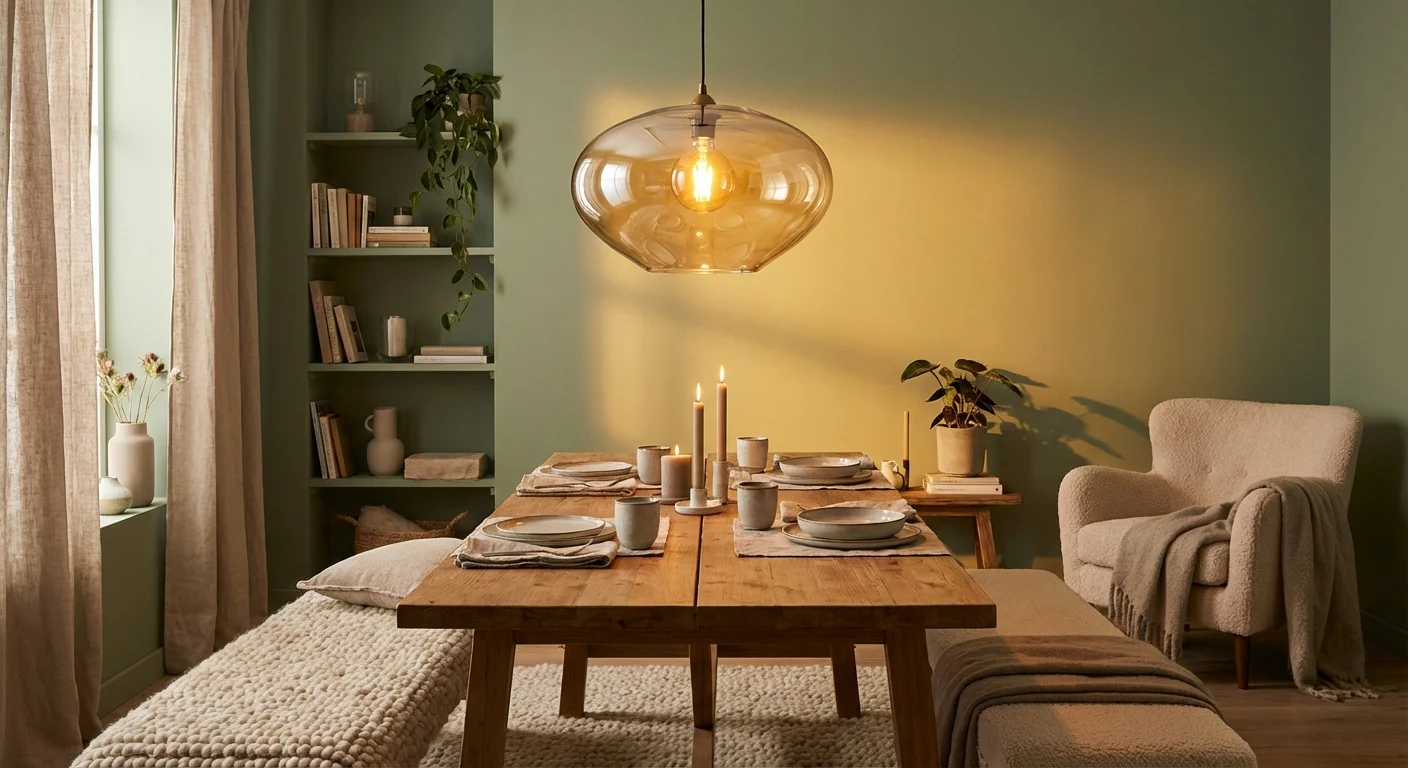 A modern glass pendant light glowing warmly over a wooden dining area.