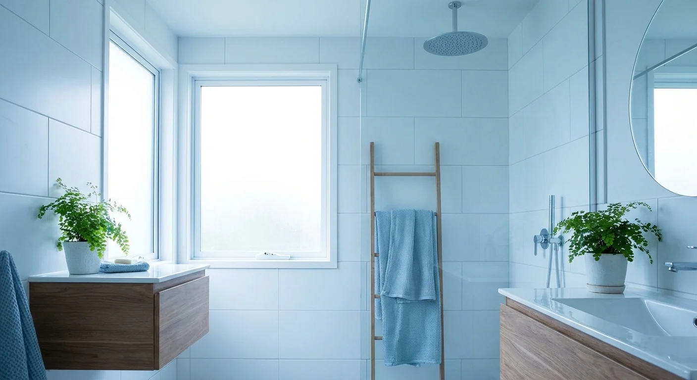 A modern high-efficiency showerhead in a clean, white-tiled bathroom.