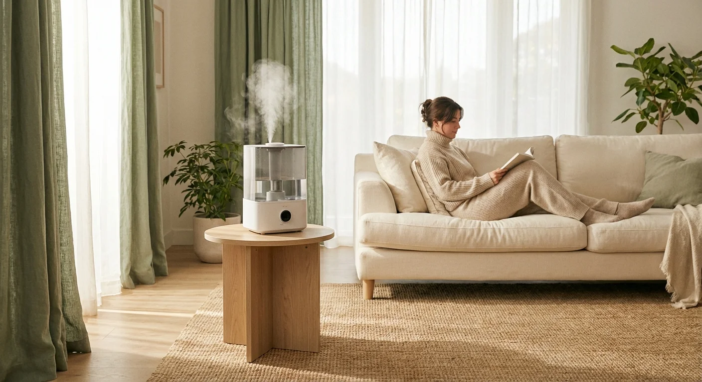 A modern humidifier on a wooden table in a sun-drenched, cozy living room with a person relaxing in the background.