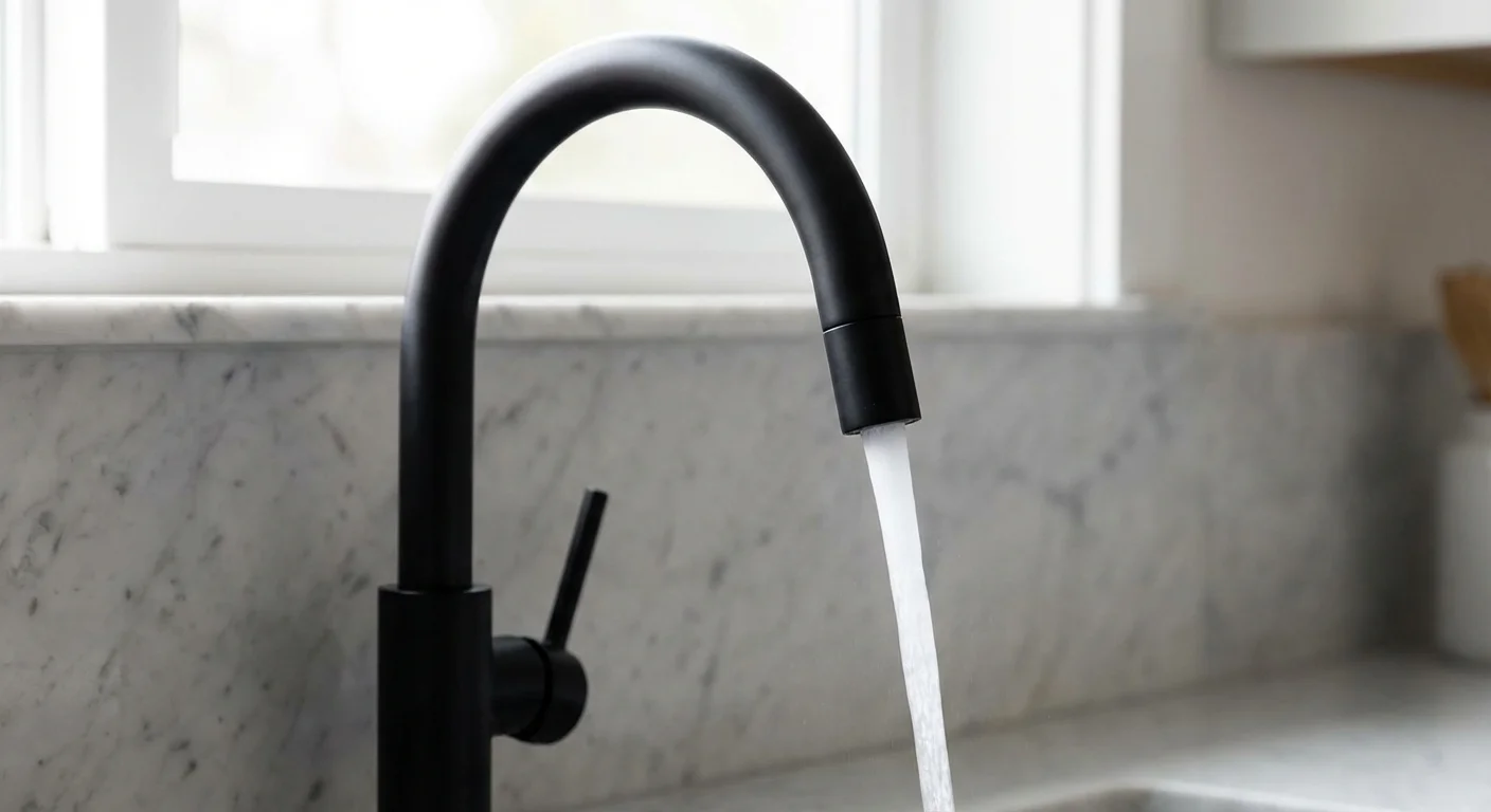 A modern matte black faucet with water running in a bright kitchen.