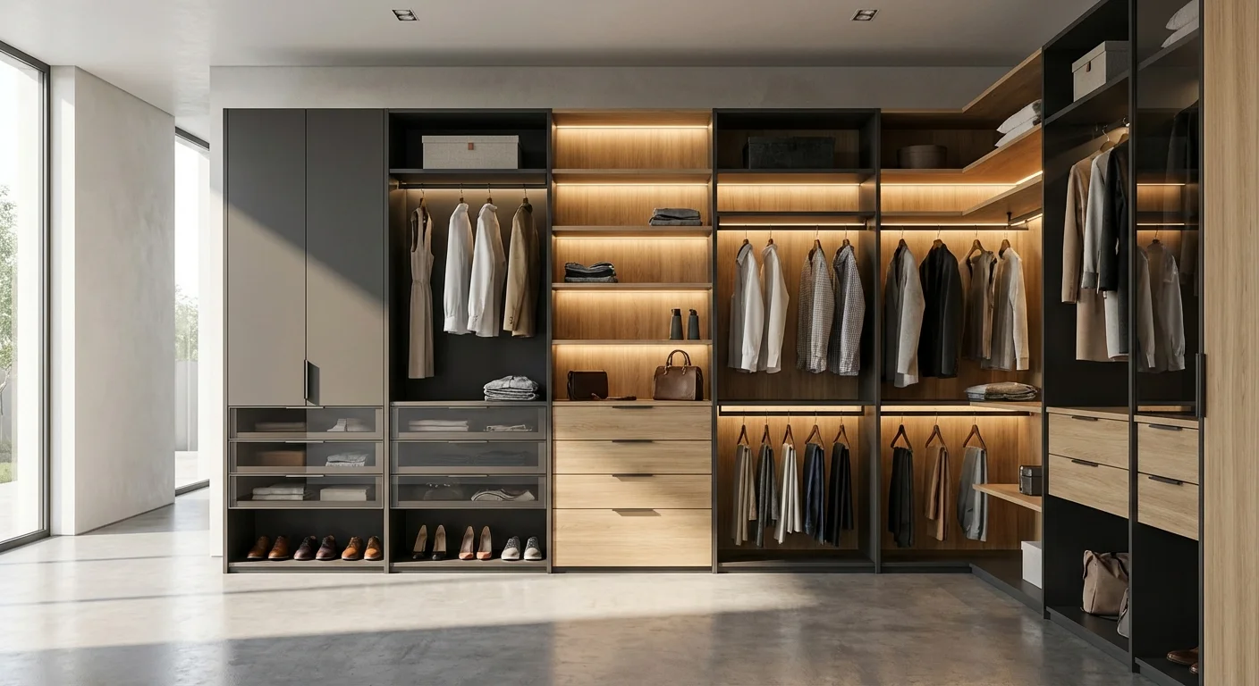 A modern modular closet system with integrated LED lighting and high-end finishes.