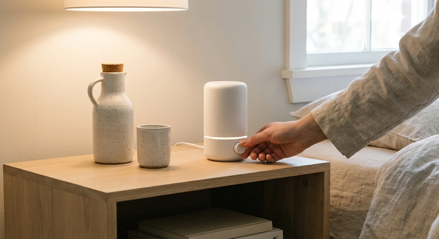 A modern white noise machine on a wooden nightstand next to a glass of water.