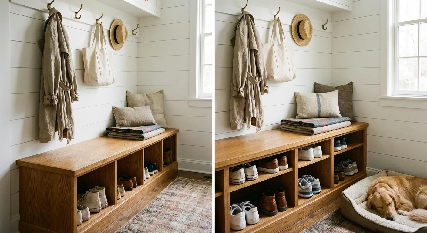 A mudroom storage unit with a bench, hooks for coats, and cubbies for shoes.