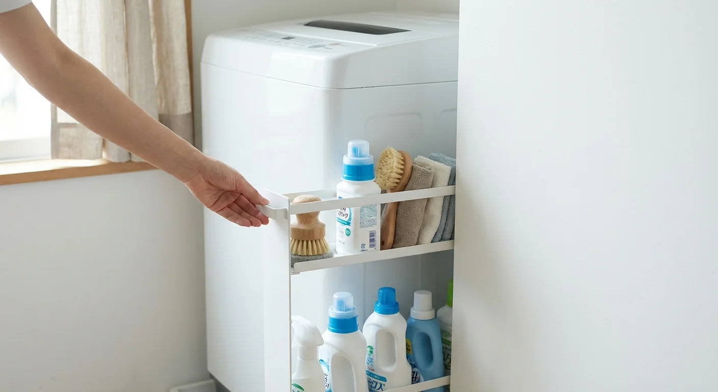A narrow rolling storage cart sliding out from a small gap next to a laundry machine.