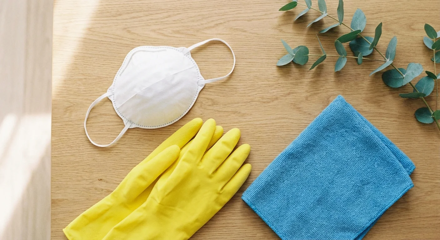 A neat arrangement of a face mask, yellow gloves, and a cleaning cloth on a wooden surface.