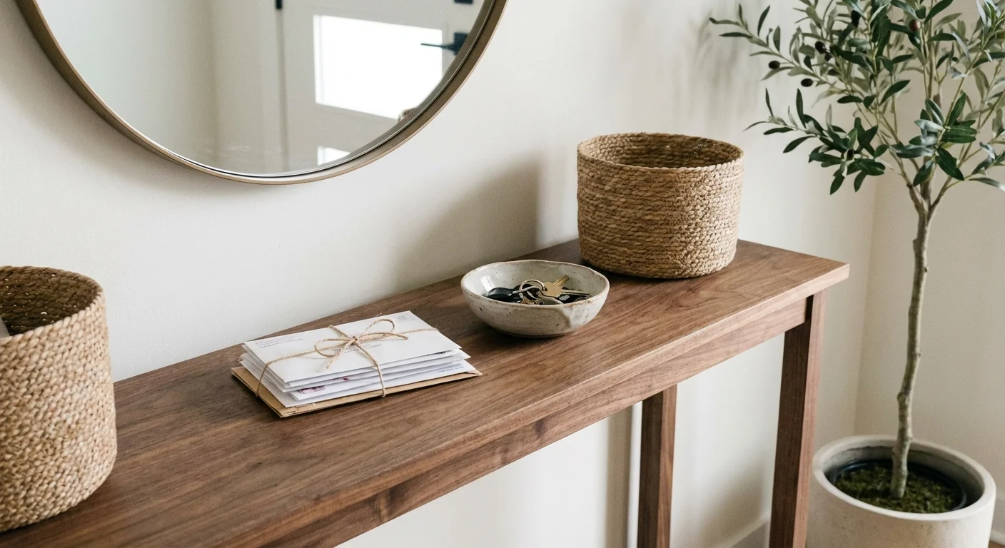 A neat stack of mail on a wooden console table in a sunlit entryway.