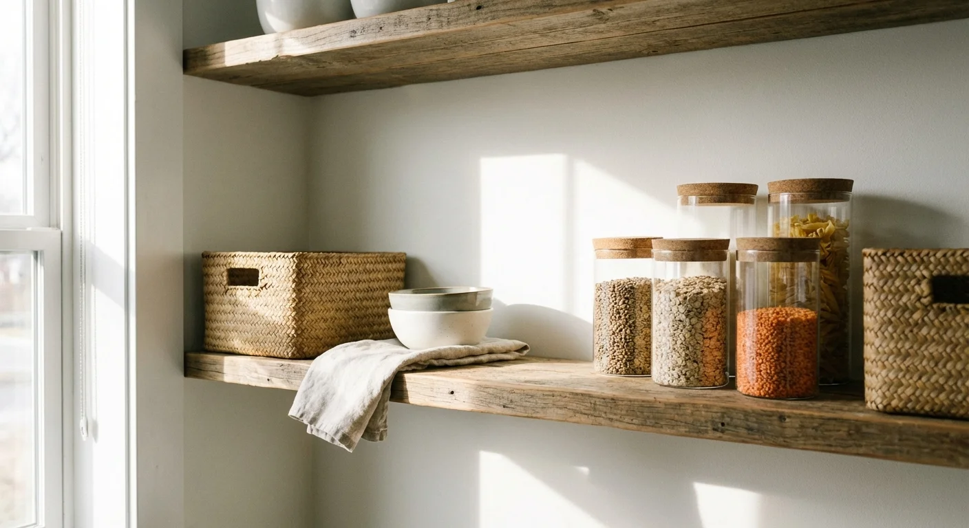 A neatly arranged pantry shelf with plenty of space between items for easy access.