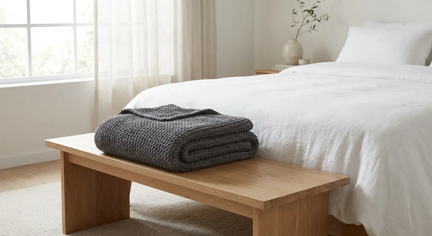 A neatly folded grey weighted blanket on a wooden bench in a minimalist bedroom.