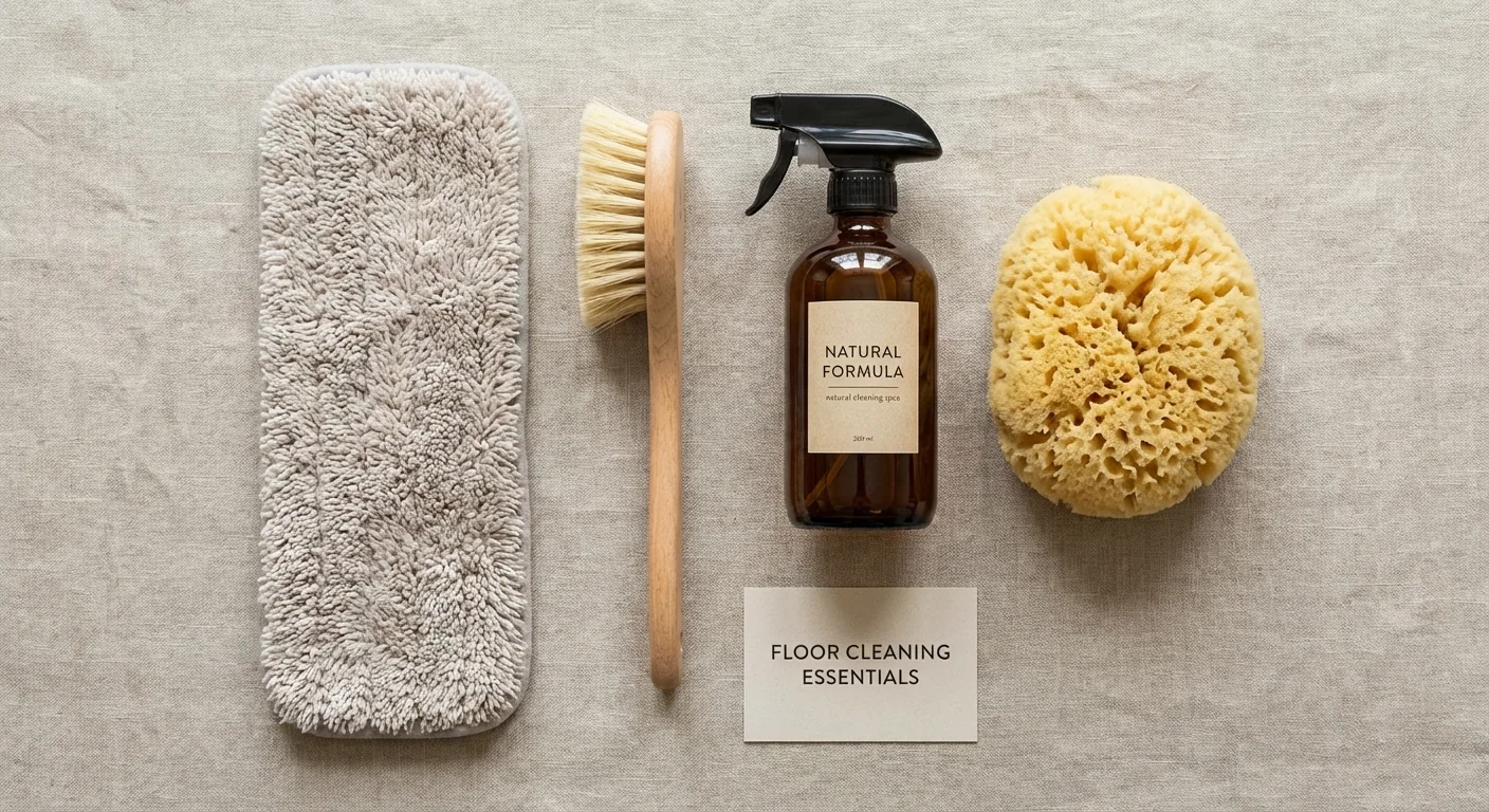 A neatly organized flat lay of various floor cleaning tools and supplies.