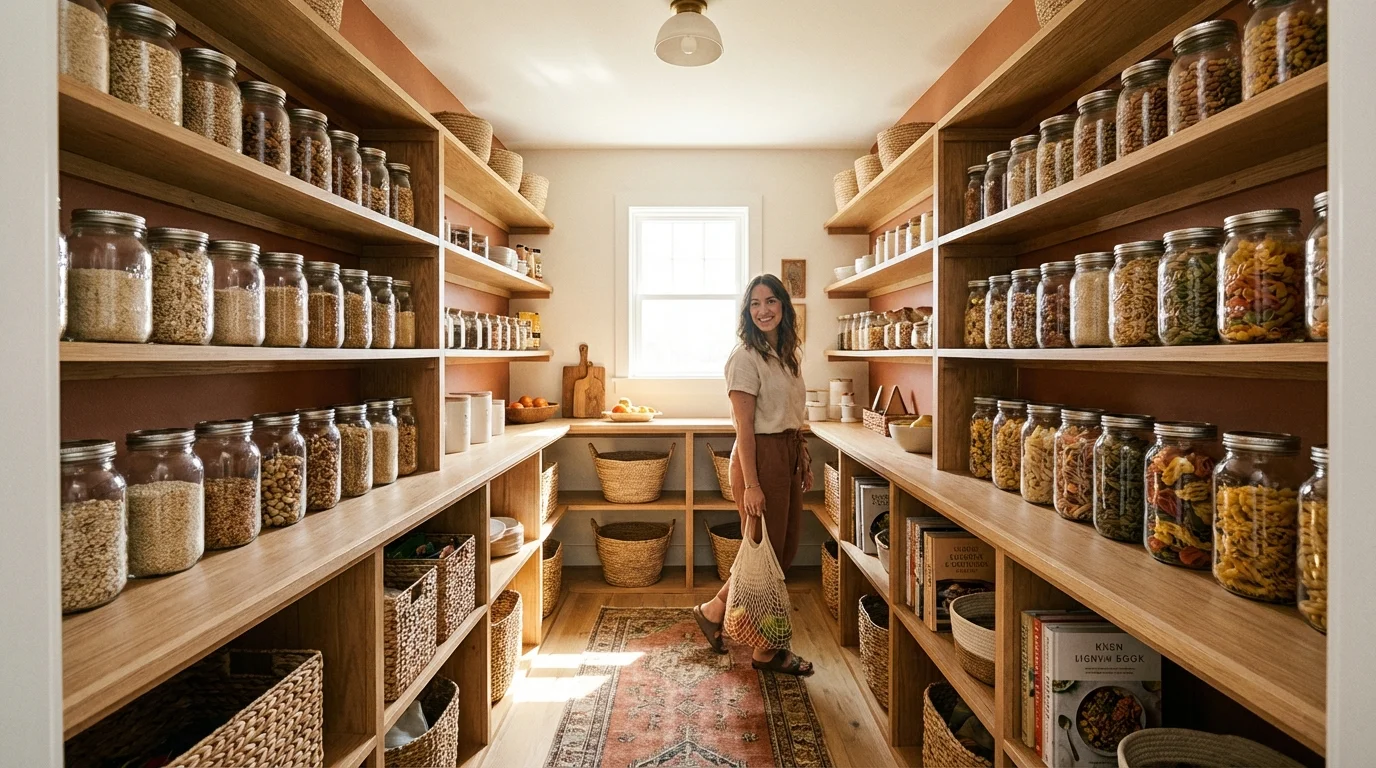 A neatly organized pantry with bulk dry goods stored in uniform glass jars on wooden shelves.