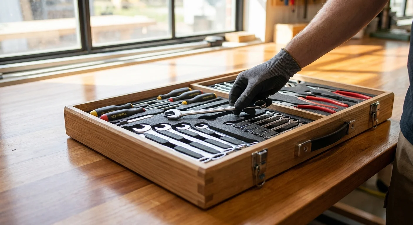 A neatly organized toolbox on a sunlit workbench.